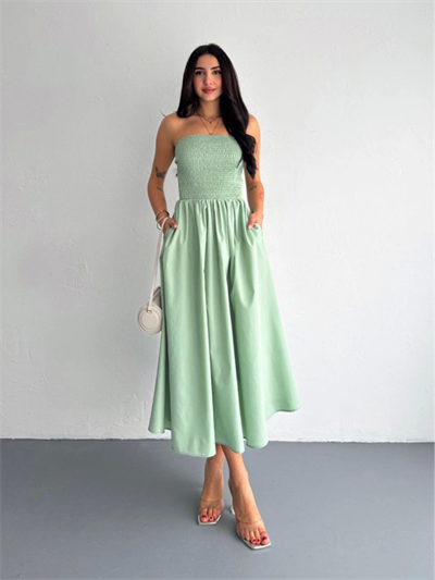 Straplez Pileli Elbise - Su Yeşili