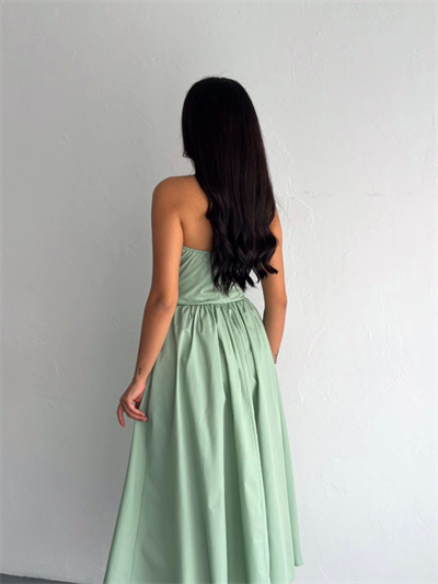 Straplez Pileli Elbise - Su Yeşili