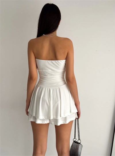Straplez Sandy Kumaş  Şortlu Prenses Etek Mini Kloş Elbise - Beyaz