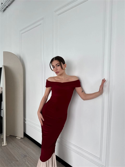Striptiz Omuzlu Uzun Elbise- Bordo