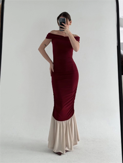 Striptiz Omuzlu Uzun Elbise- Bordo