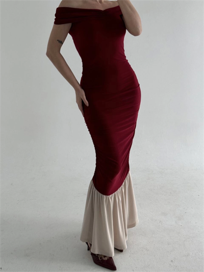Striptiz Omuzlu Uzun Elbise- Bordo