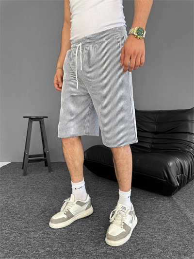 Su Yolu Çizgili Cepli Şort- Gri