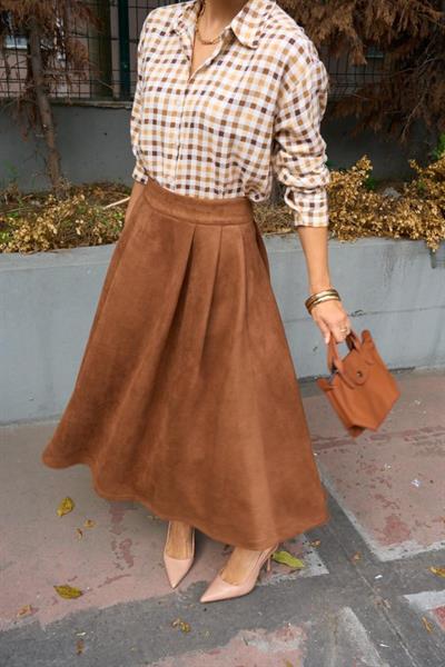 Süet Düz Etek - Taba