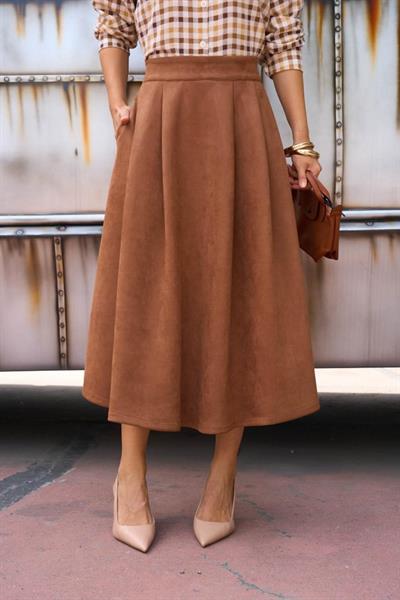 Süet Düz Etek - Taba