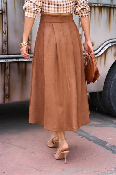 Süet Düz Etek - Taba