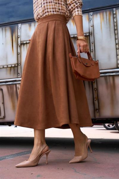 Süet Düz Etek - Taba