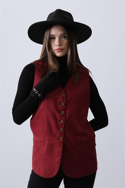 Süet Yelek - Vişne