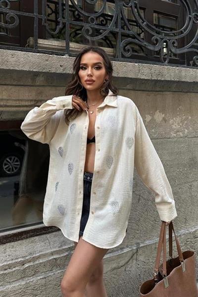 Sunshine Taş Detaylı Keten Gömlek 3393-08