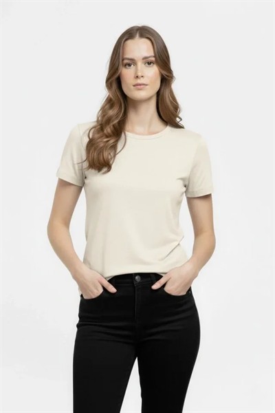 T-Shirt Bisiklet Yaka Slim Fit Likralı Tişört Günlük Basic Body - Taş