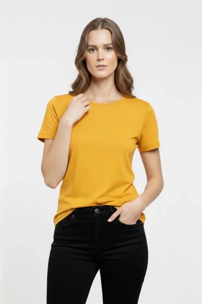 T-Shirt Bisiklet Yaka Slim Fit Likralı Tişört Günlük Basic Body - Sarı