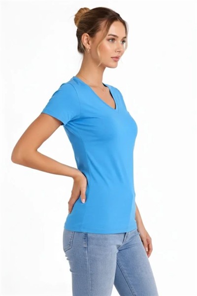 T-Shirt V Yaka Slim Fit Likralı Tişört Günlük Basic Body - Açık Mavi