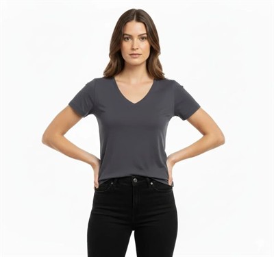 T-Shirt V Yaka Slim Fit Likralı Tişört Günlük Basic Body - Füme