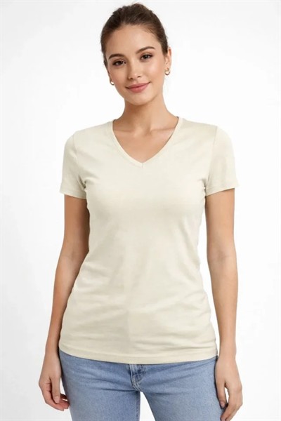 T-Shirt V Yaka Slim Fit Likralı Tişört Günlük Basic Body - Taş