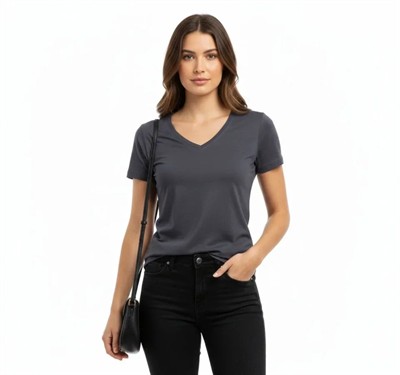 T-Shirt V Yaka Slim Fit Likralı Tişört Günlük Basic Body - Füme