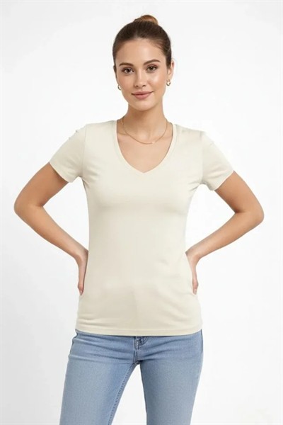 T-Shirt V Yaka Slim Fit Likralı Tişört Günlük Basic Body - Taş