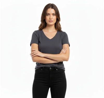 T-Shirt V Yaka Slim Fit Likralı Tişört Günlük Basic Body - Füme