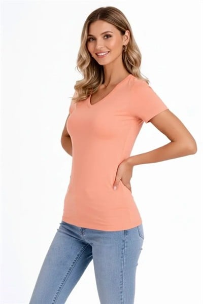 T-Shirt V Yaka Slim Fit Likralı Tişört Günlük Basic Body - Toz Pembe