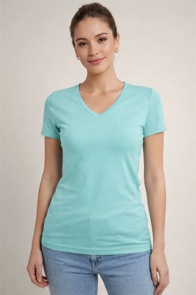 T-Shirt V Yaka Slim Fit Likralı Tişört Günlük Basic Body - Turkuvaz
