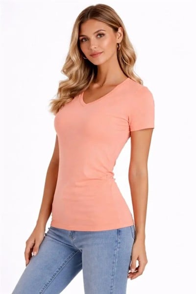 T-Shirt V Yaka Slim Fit Likralı Tişört Günlük Basic Body - Toz Pembe