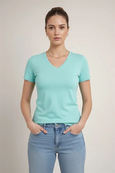 T-Shirt V Yaka Slim Fit Likralı Tişört Günlük Basic Body - Turkuvaz