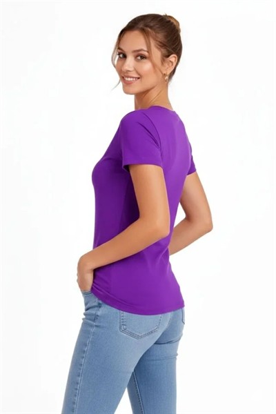 T-Shirt V Yaka Slim Fit Likralı Tişört Günlük Basic Body - Mor