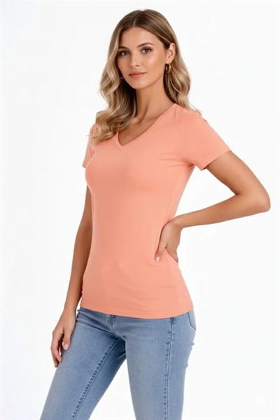 T-Shirt V Yaka Slim Fit Likralı Tişört Günlük Basic Body - Toz Pembe