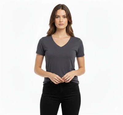 T-Shirt V Yaka Slim Fit Likralı Tişört Günlük Basic Body - Füme