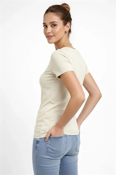 T-Shirt V Yaka Slim Fit Likralı Tişört Günlük Basic Body - Taş