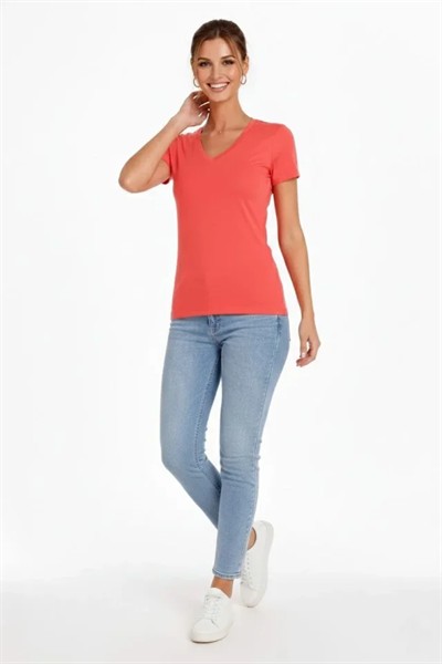 T-Shirt V Yaka Slim Fit Likralı Tişört Günlük Basic Body - Nar Çiçeği