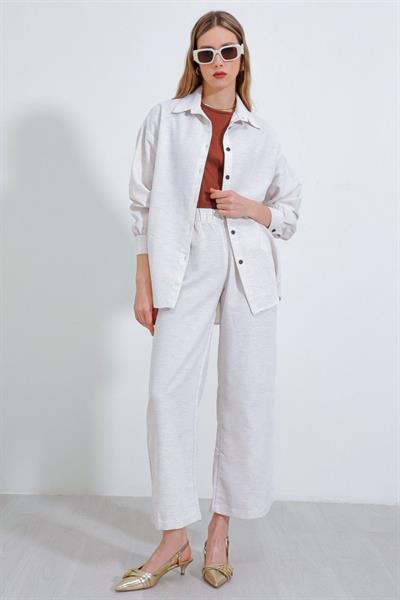 T6624 Bol Paça Keten Alt Üst Takım - Krem