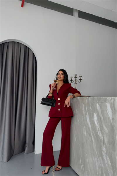 TASARIM CEKET-PANTOLON TAKIM METAL DÜĞME DETAYLI - Bordo