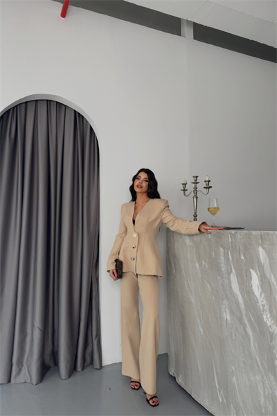 TASARIM CEKET-PANTOLON TAKIM METAL DÜĞME DETAYLI - Bej