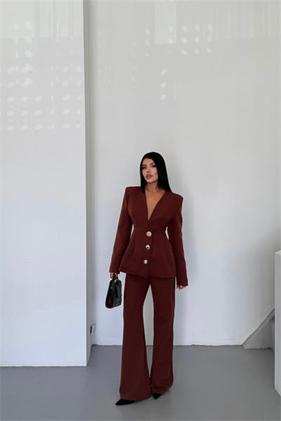 TASARIM CEKET-PANTOLON TAKIM METAL DÜĞME DETAYLI - Kahverengi