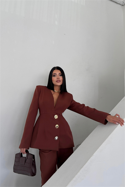 TASARIM CEKET-PANTOLON TAKIM METAL DÜĞME DETAYLI - Kahverengi