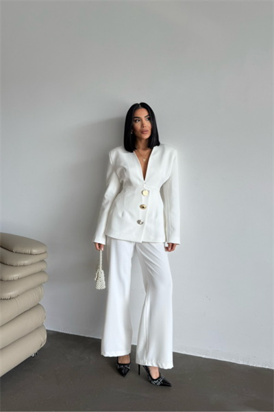 TASARIM CEKET-PANTOLON TAKIM METAL DÜĞME DETAYLI - Beyaz