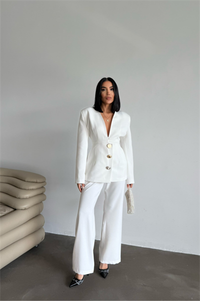 TASARIM CEKET-PANTOLON TAKIM METAL DÜĞME DETAYLI - Beyaz