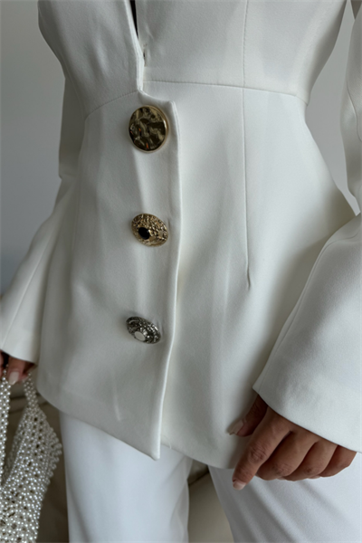 TASARIM CEKET-PANTOLON TAKIM METAL DÜĞME DETAYLI - Beyaz