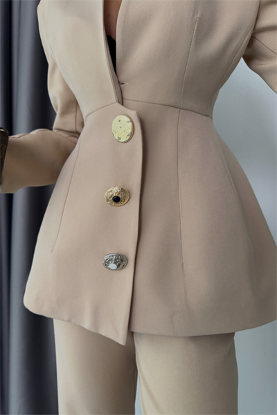 TASARIM CEKET-PANTOLON TAKIM METAL DÜĞME DETAYLI - Bej