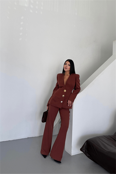 TASARIM CEKET-PANTOLON TAKIM METAL DÜĞME DETAYLI - Kahverengi