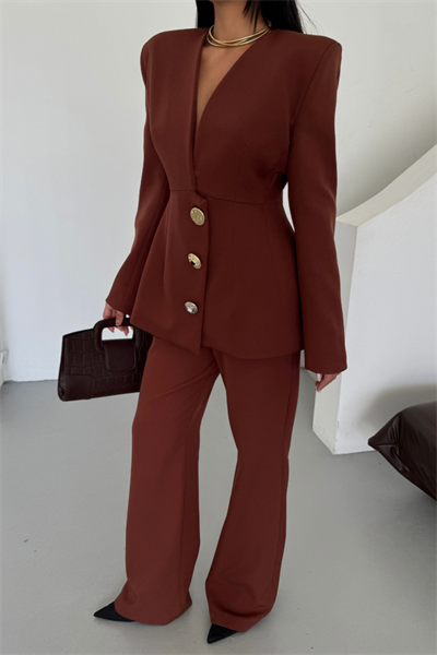 TASARIM CEKET-PANTOLON TAKIM METAL DÜĞME DETAYLI - Kahverengi