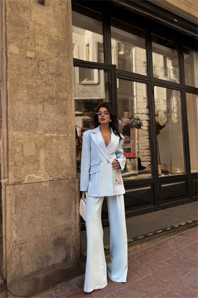 TASARIM ETİKET DETAYLI CEKET - PANTOLON TAKIM - Bebe Mavi