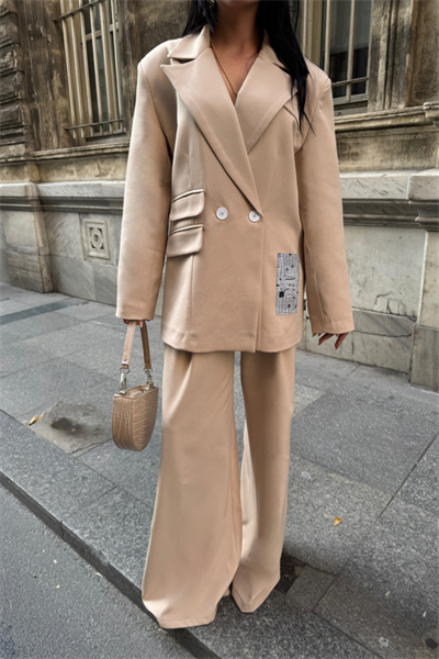 TASARIM ETİKET DETAYLI CEKET - PANTOLON TAKIM - Bej