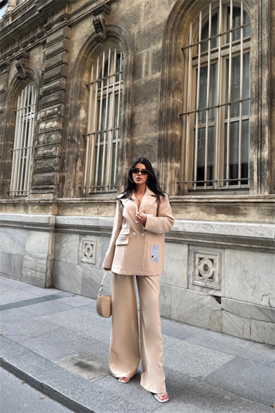 TASARIM ETİKET DETAYLI CEKET - PANTOLON TAKIM - Bej