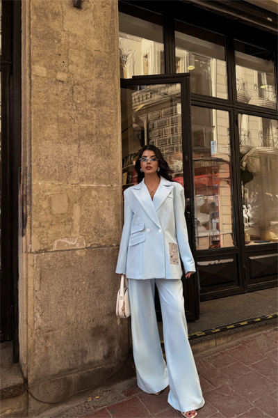 TASARIM ETİKET DETAYLI CEKET - PANTOLON TAKIM - Bebe Mavi