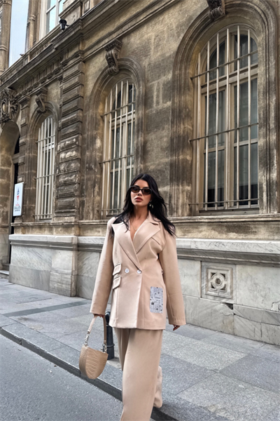 TASARIM ETİKET DETAYLI CEKET - PANTOLON TAKIM - Bej