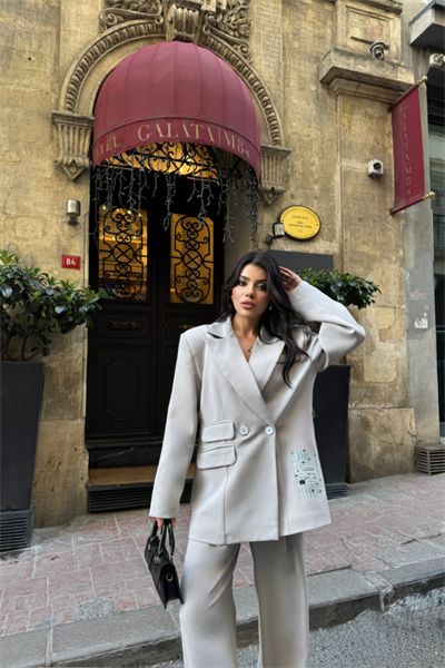 TASARIM ETİKET DETAYLI CEKET - PANTOLON TAKIM - Gri