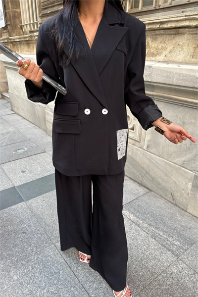 TASARIM ETİKET DETAYLI CEKET - PANTOLON TAKIM - Siyah