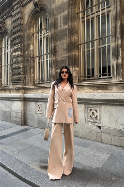 TASARIM ETİKET DETAYLI CEKET - PANTOLON TAKIM - Bej