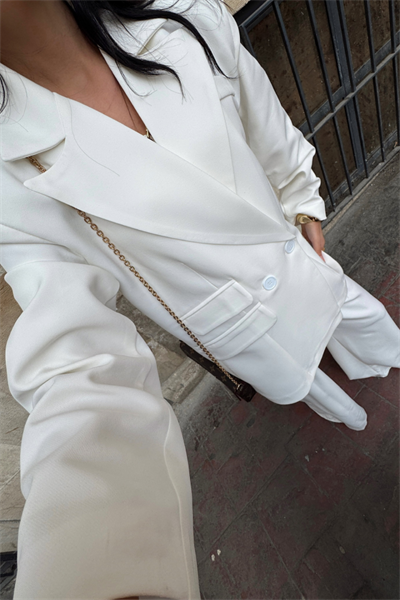 TASARIM ETİKET DETAYLI CEKET - PANTOLON TAKIM - Beyaz